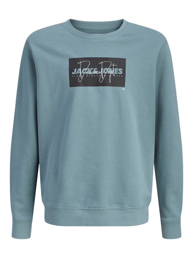 Blue sweatshirt with Jack & Jones logo on a white background