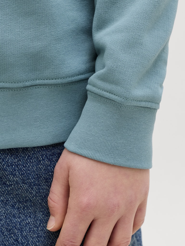 Close-up of a person wearing a teal sweatshirt with a neutral background