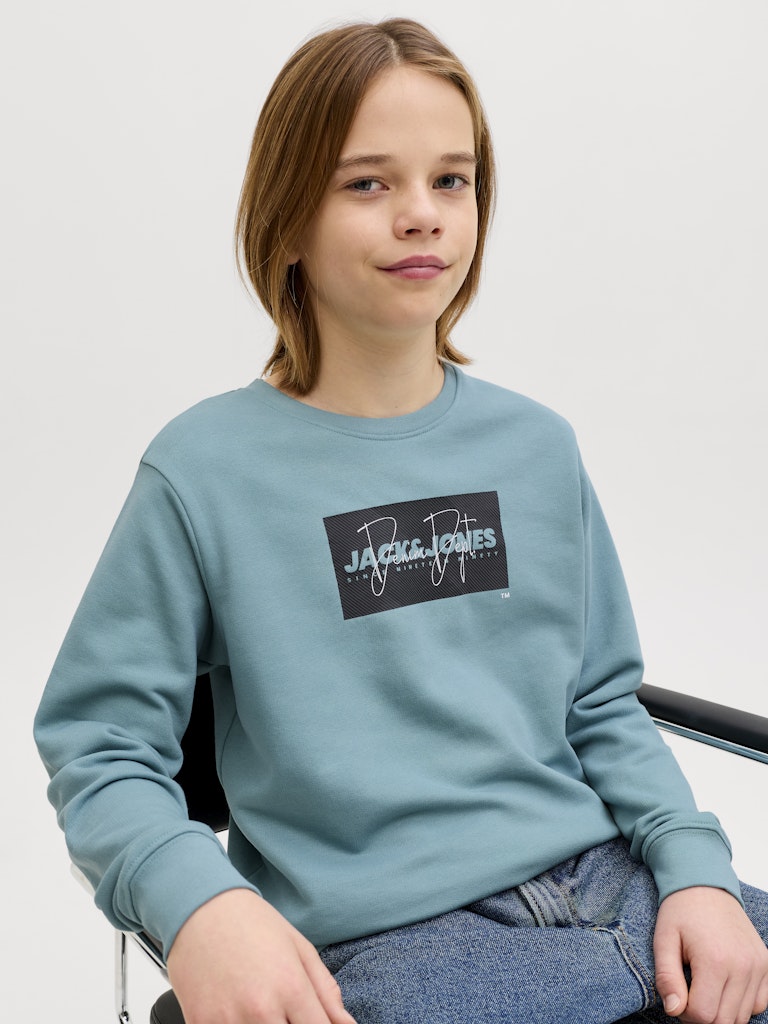Child wearing a light blue sweatshirt with a logo, sitting on a chair against a plain background
