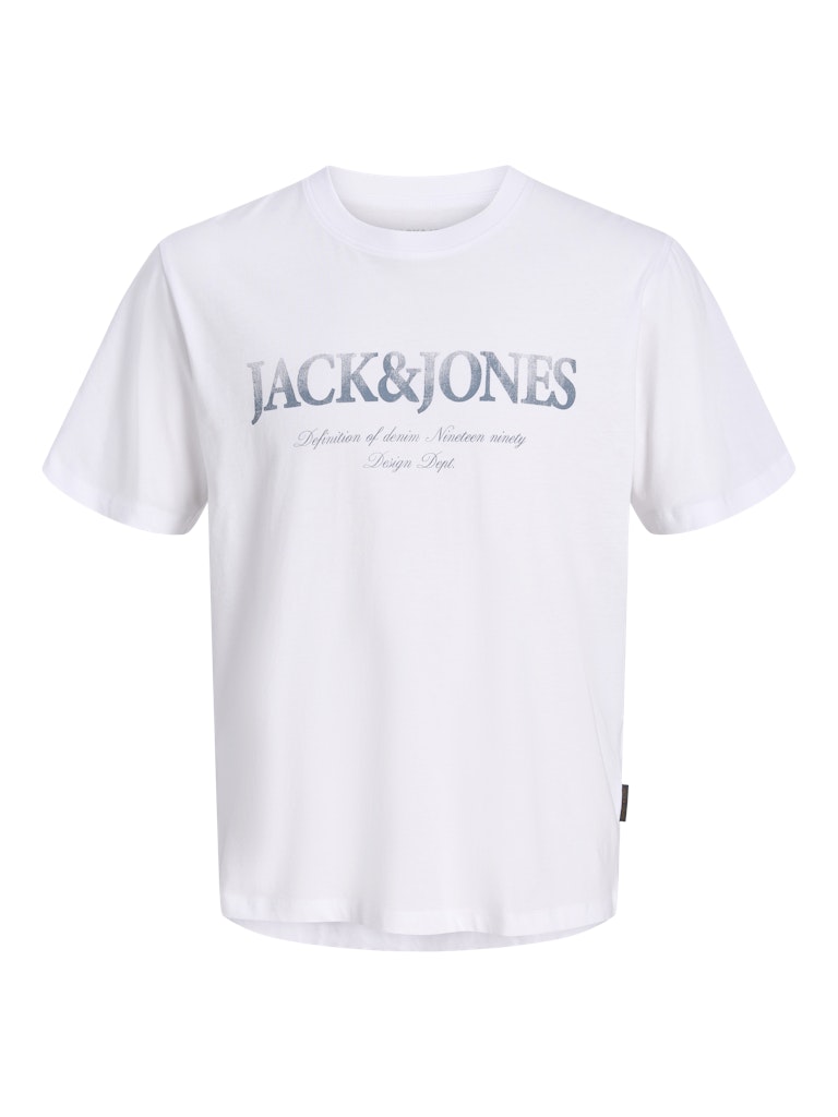 White t-shirt with 'Jack & Jones' logo on a white background