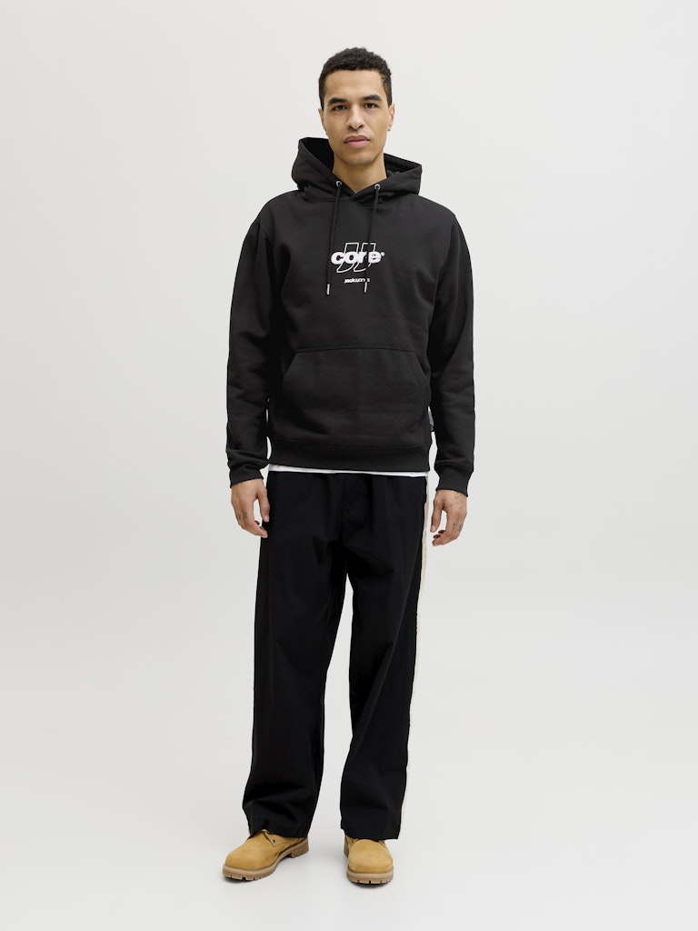 Men's Club Front Print Sweat Hood-Black-Model Full Front View