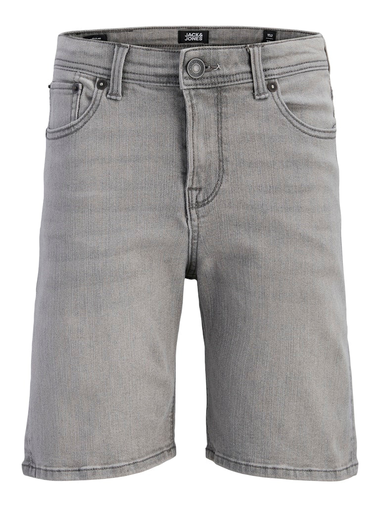 Gray denim shorts on a white background