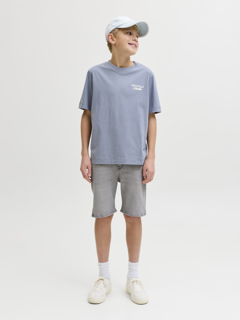 Child wearing a light blue t-shirt and gray shorts on a white background
