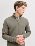 JACK JONES PREMIUM Milano Spring Knit Half Zip-Smokey Olive Smokey Olive model front view