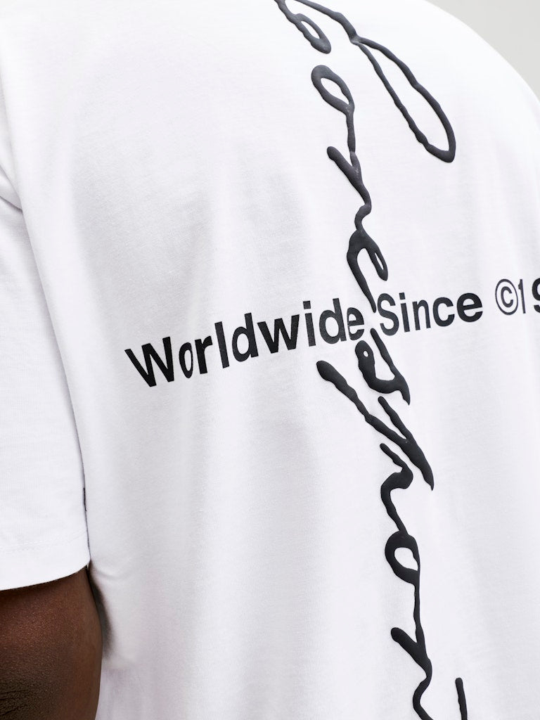 White t-shirt with black text and design on a plain background