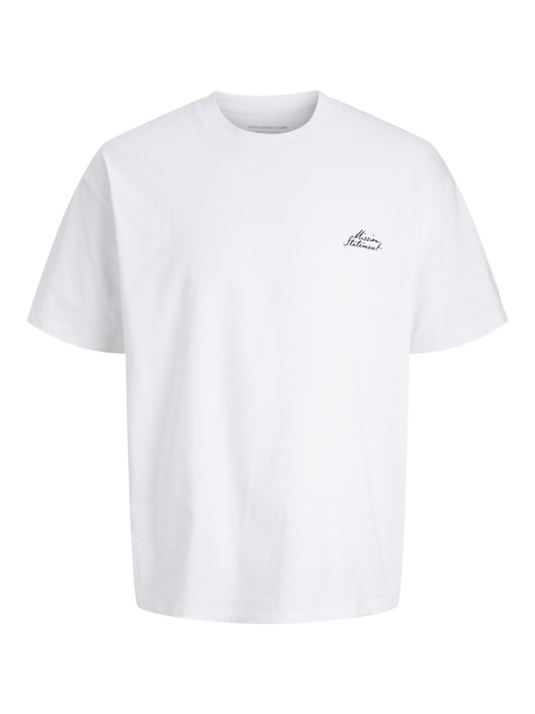 White t-shirt with a small logo on a white background