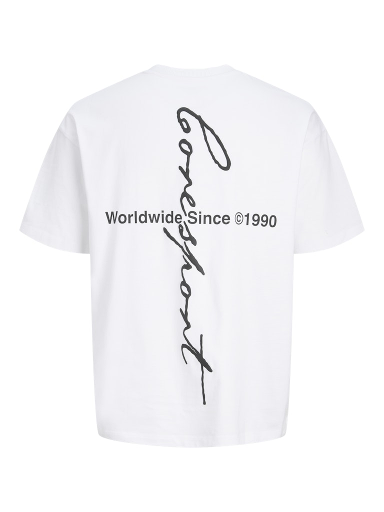 White t-shirt with black text on a white background
