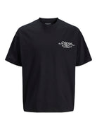Black t-shirt with white text on a white background