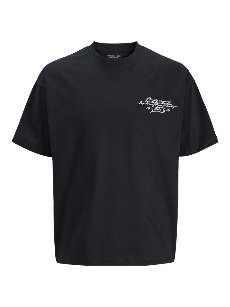 Black t-shirt with white text on a white background
