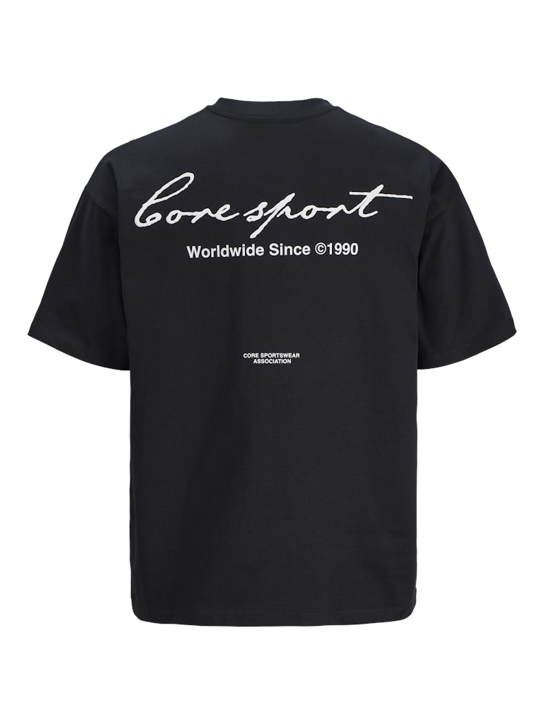 Black t-shirt with white text on the back on a white background