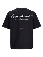 Black t-shirt with white text on the back on a white background