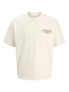 Cream t-shirt with text on a white background