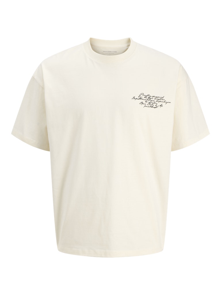 Cream t-shirt with text on a white background