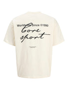 Cream t-shirt with black text on a white background