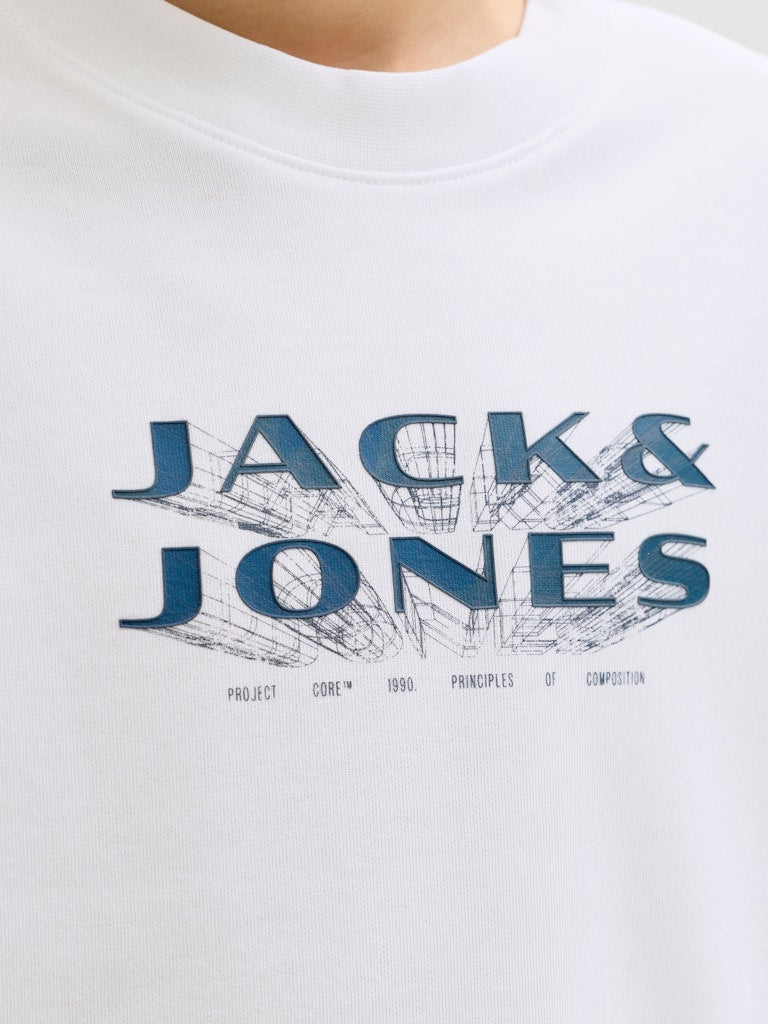 White t-shirt with 'Jack & Jones' logo and text on a white background