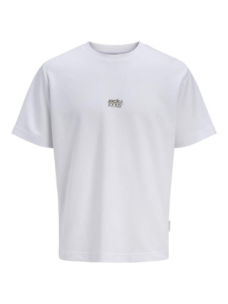 White t-shirt with a brand logo on a white background
