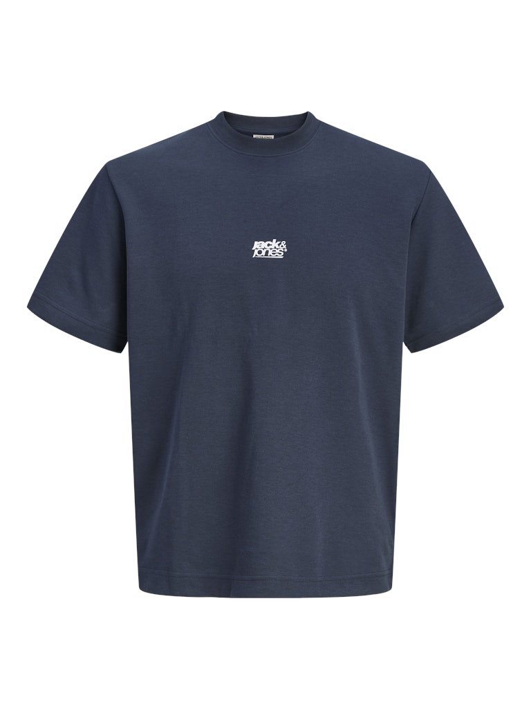 Navy blue t-shirt with a small white logo on a white background