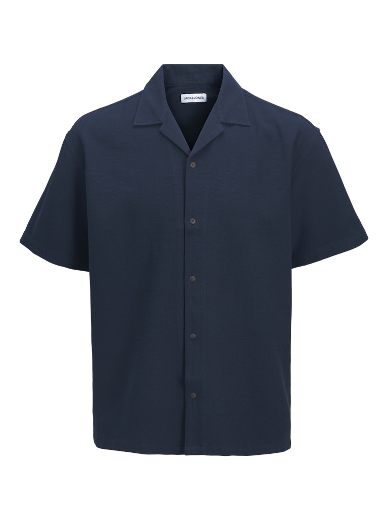 Navy blue short-sleeve shirt on a white background