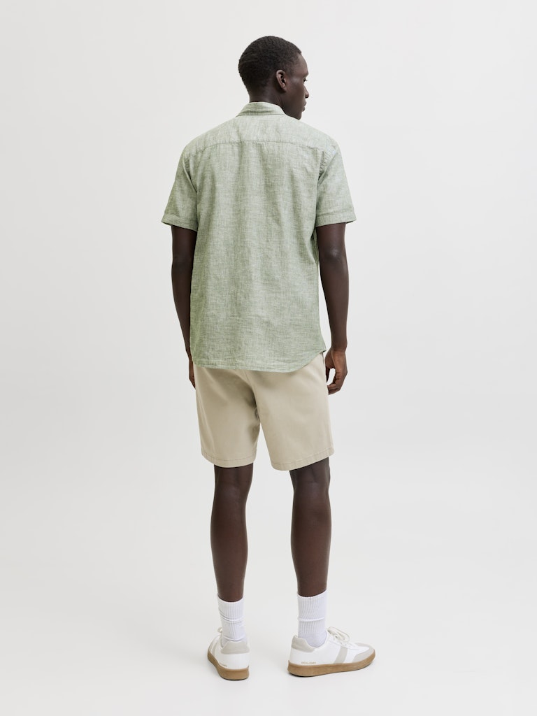 Man wearing a green patterned shirt and beige shorts on a white background