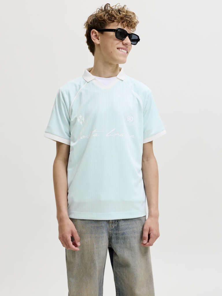 Person wearing a light blue polo shirt and sunglasses on a plain background
