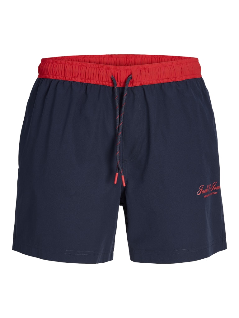 Navy swim shorts with red waistband and logo on a white background