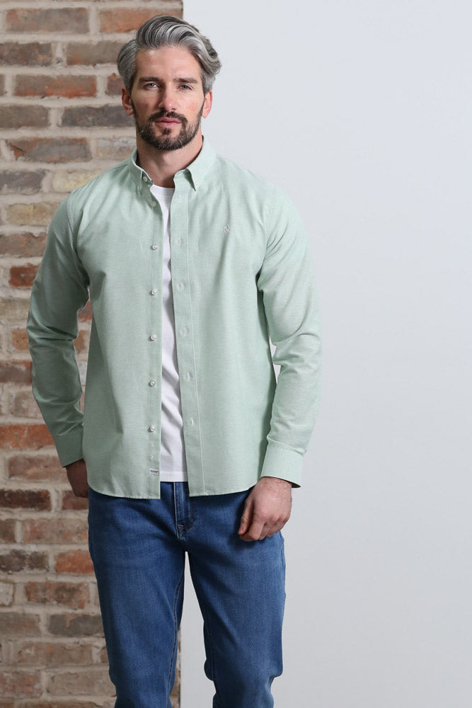 Kenrow Menswear Jagger Green Melange Oxford Shirt Green Melange model front view