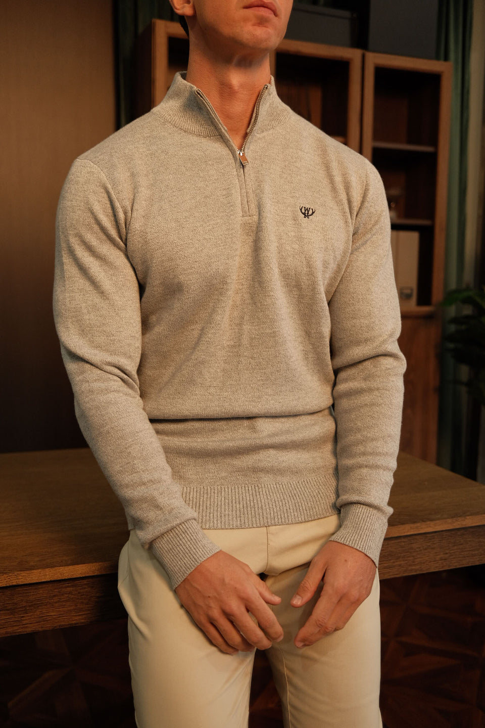 Men's Grey Knitted 1/4 Zip-Model View