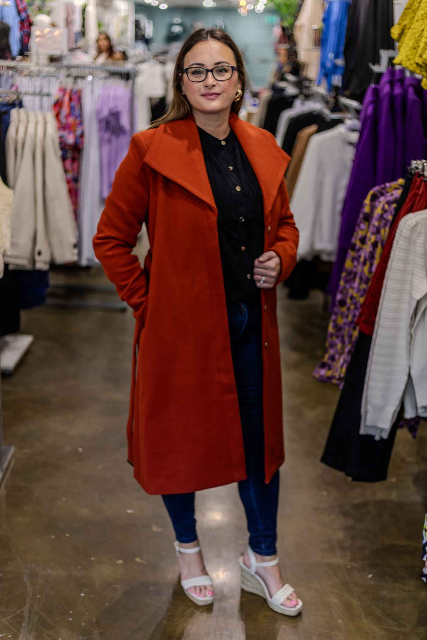 Joanne in Mary-Kate Rust Coat