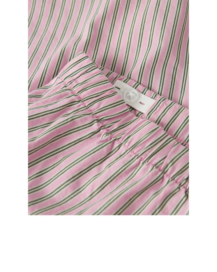 Close-up of Jociko pink and green striped shorts with a waist adjuster.