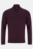 Benetti Julius 1/4 Zip Bordo Knit in bordo, front view with long sleeves and ribbed collar, cuffs, and hem