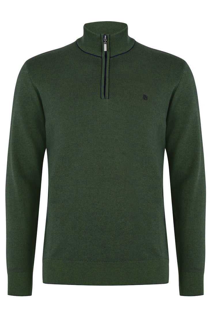 Benetti Julius 1/4 Zip Forest knit sweater with long sleeves, stand collar and quarter-zip front, shown from the front.