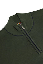 Benetti Julius 1/4 Zip knit in FOREST, shown in close-up with the quarter-zip collar and textured knit fabric.