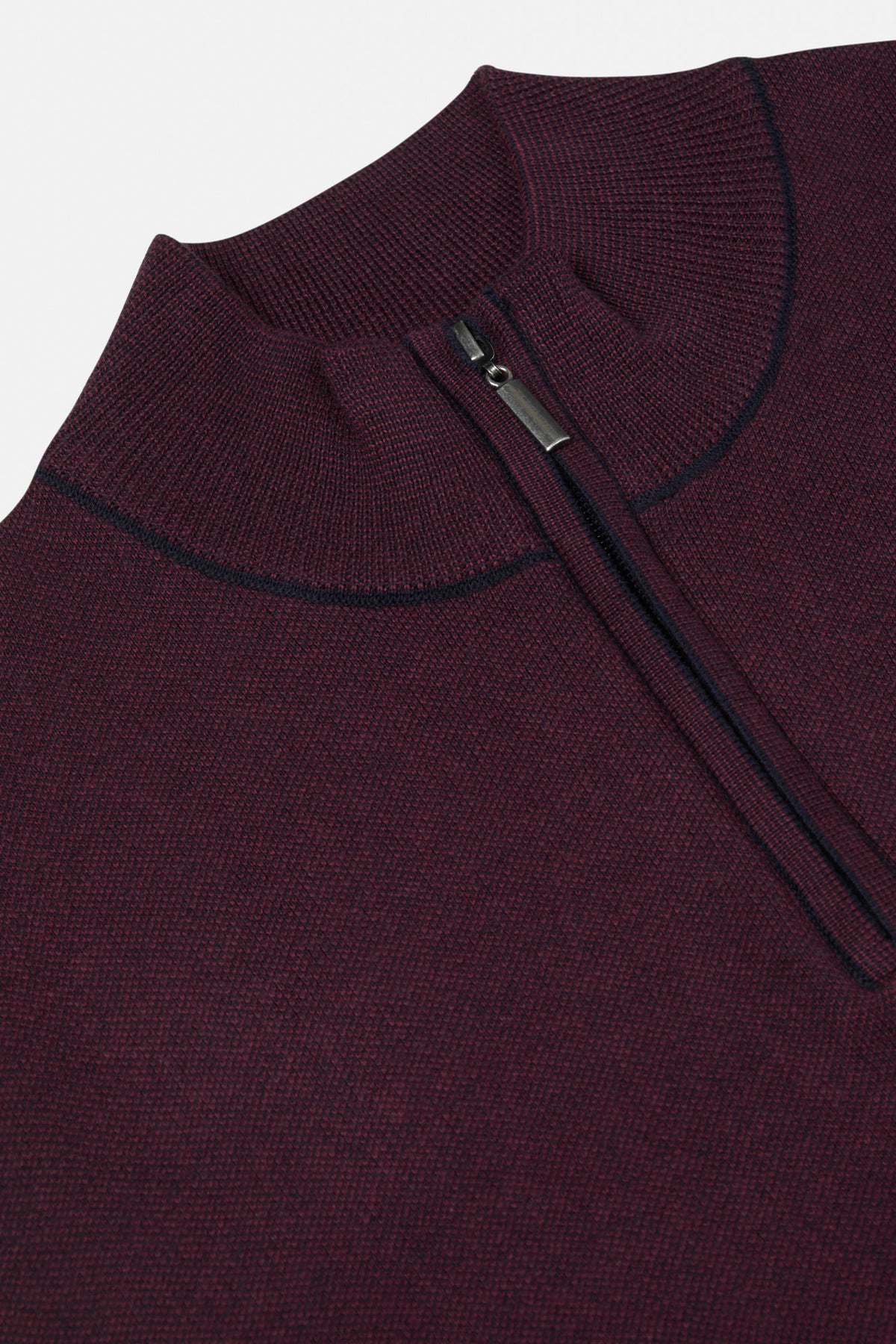 Benetti Julius 1/4 Zip Plum Knit close-up showing the quarter-zip collar and textured knit in PLUM.