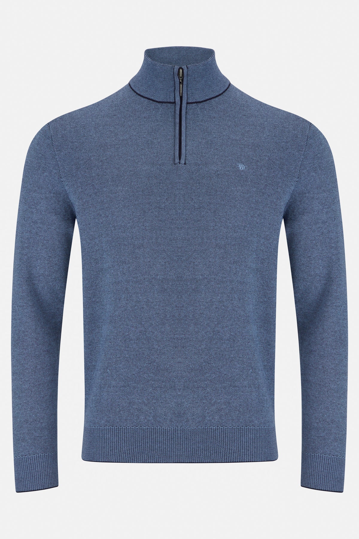 Benetti Julius 1/4 Zip Smoke knit, front view, with ribbed collar, cuffs and hem.