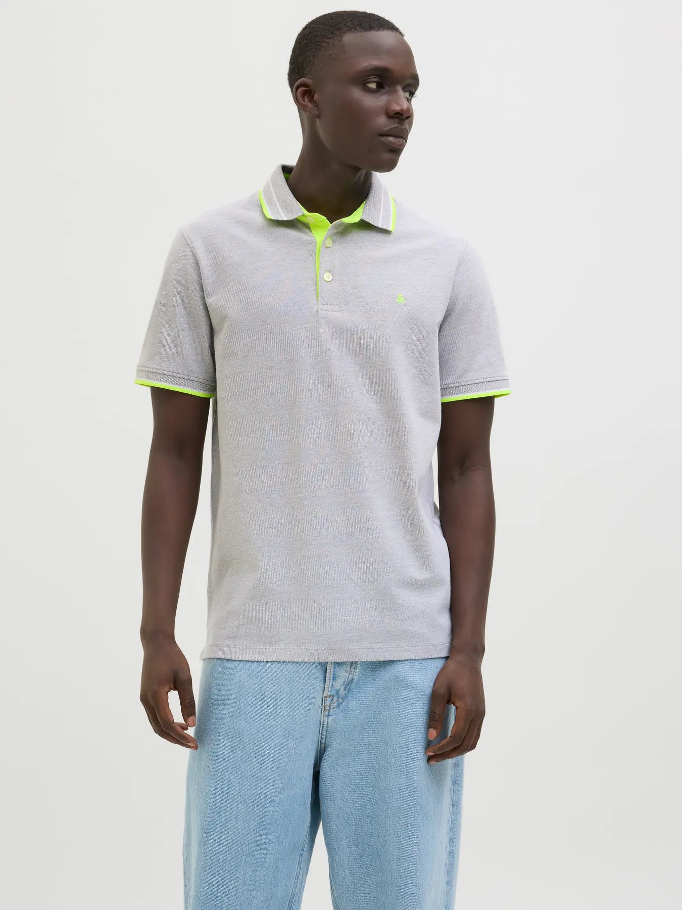 Men's Paulos Polo Short Sleeve-Light Grey Melange/Neon-Model Front View