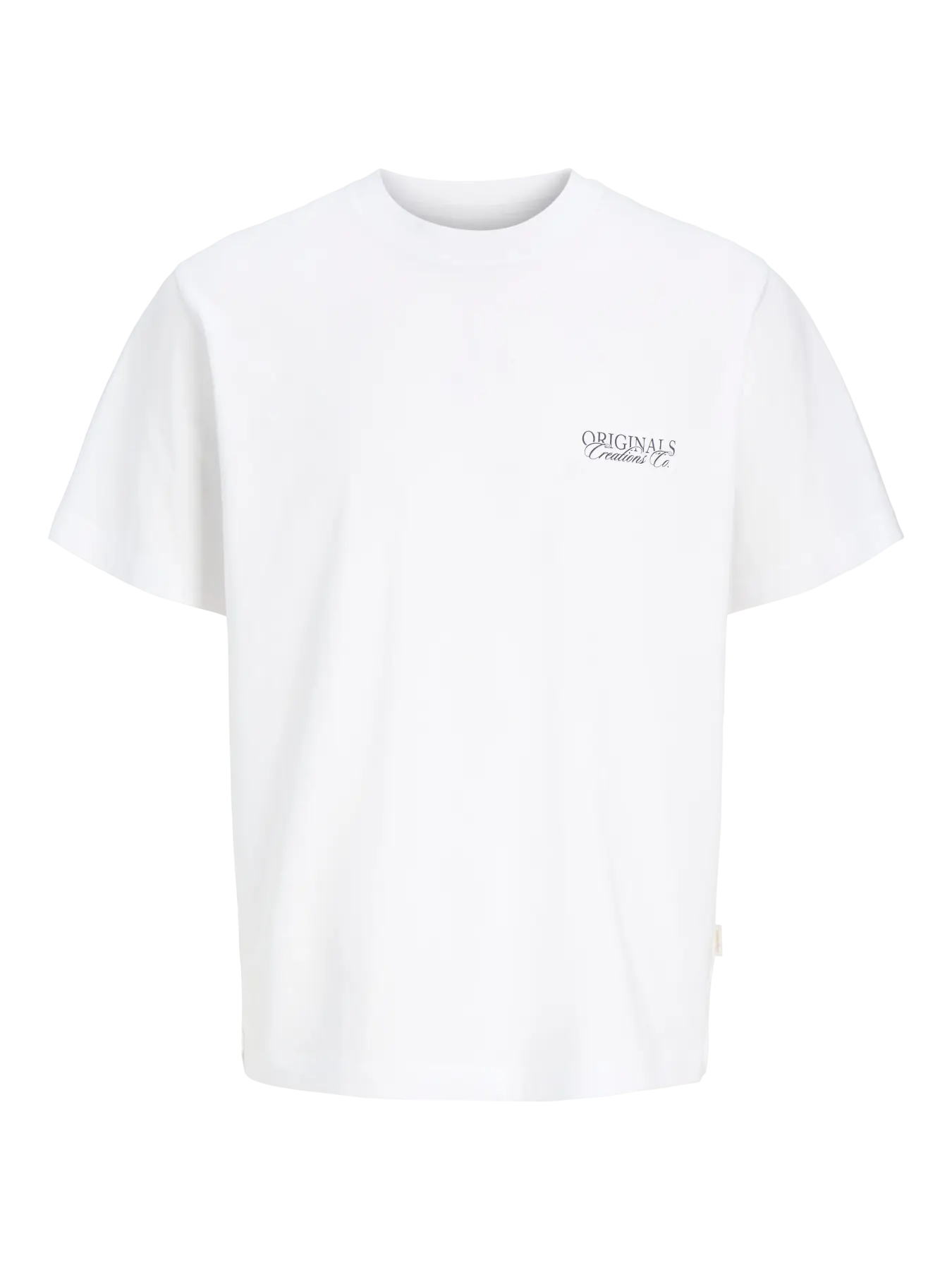 White t-shirt with a logo on a white background