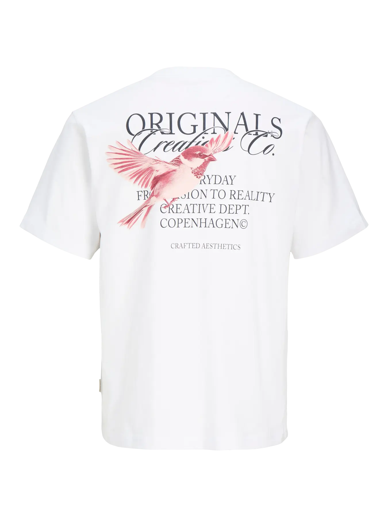 White t-shirt with pink bird graphic and text on a white background