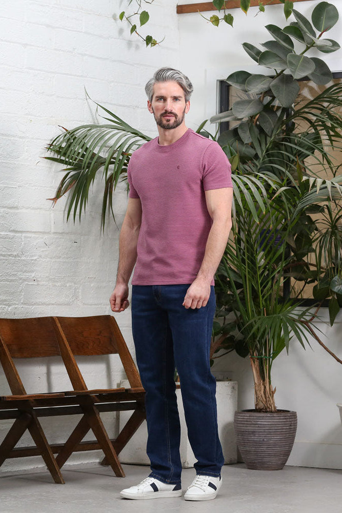 Kenrow Kenny grape melange striped T-shirt worn by model, front three-quarter view