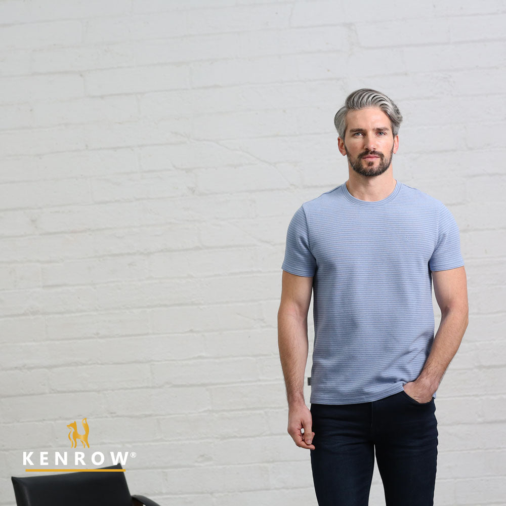Kenrow Kenny blue melange textured T-shirt worn by model, front view