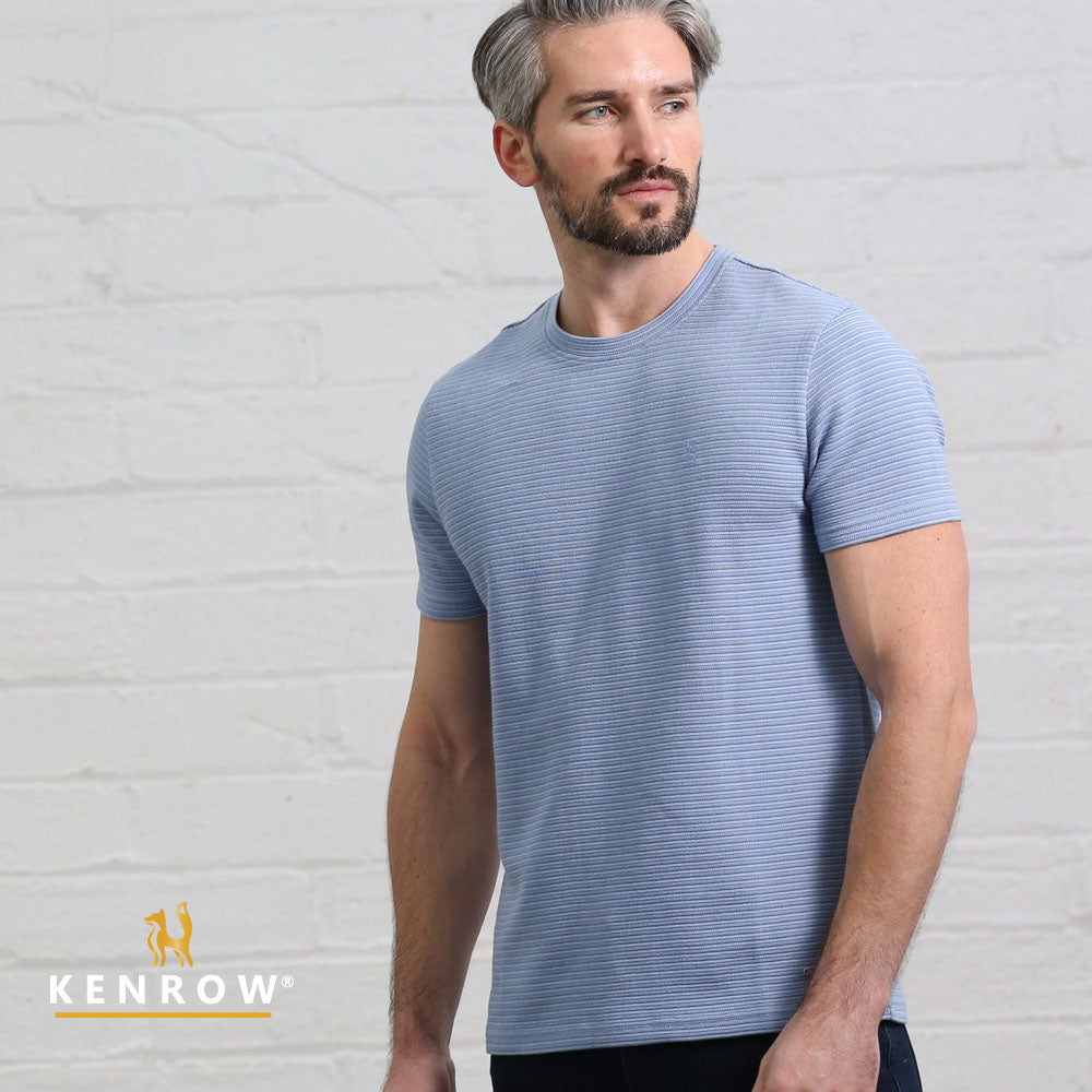 Kenrow Kenny blue melange textured T-shirt worn by model, angled front view