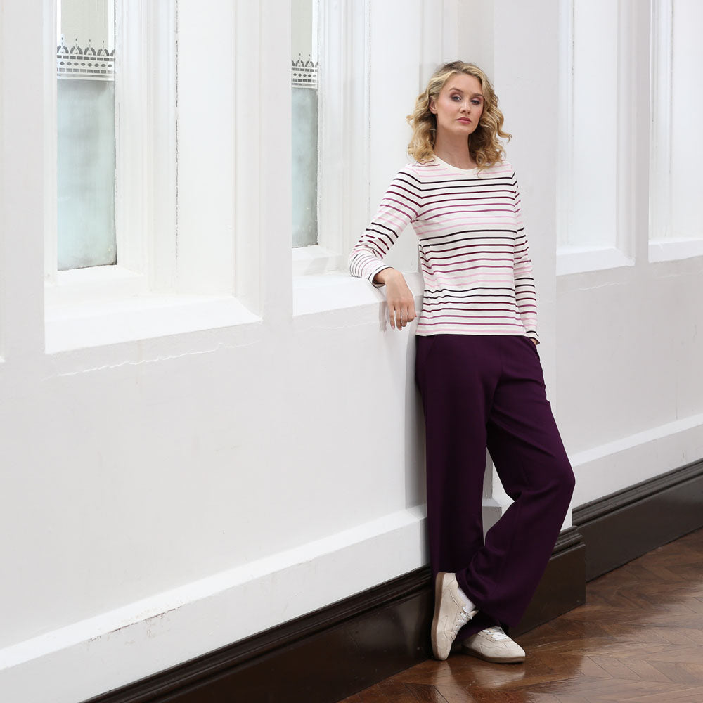 RANT & RAVE LADIES Relax & Renew Kimberley Long Sleeve Berry Tee BERRY model front view