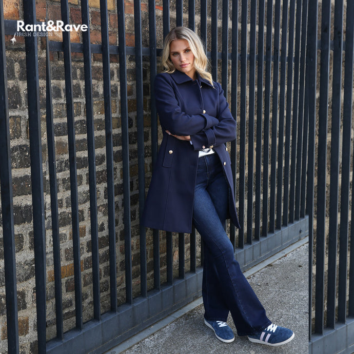 Ladies Kym Dark Indigo Flare Jeans-Kym Jeans Paired with Kyrie Coat