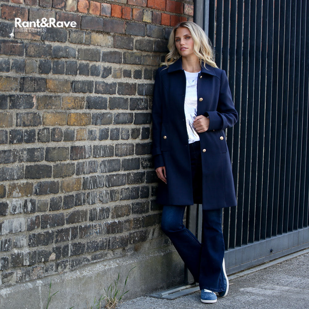 Ladies Kyrie Navy Coat-Model Full Front View