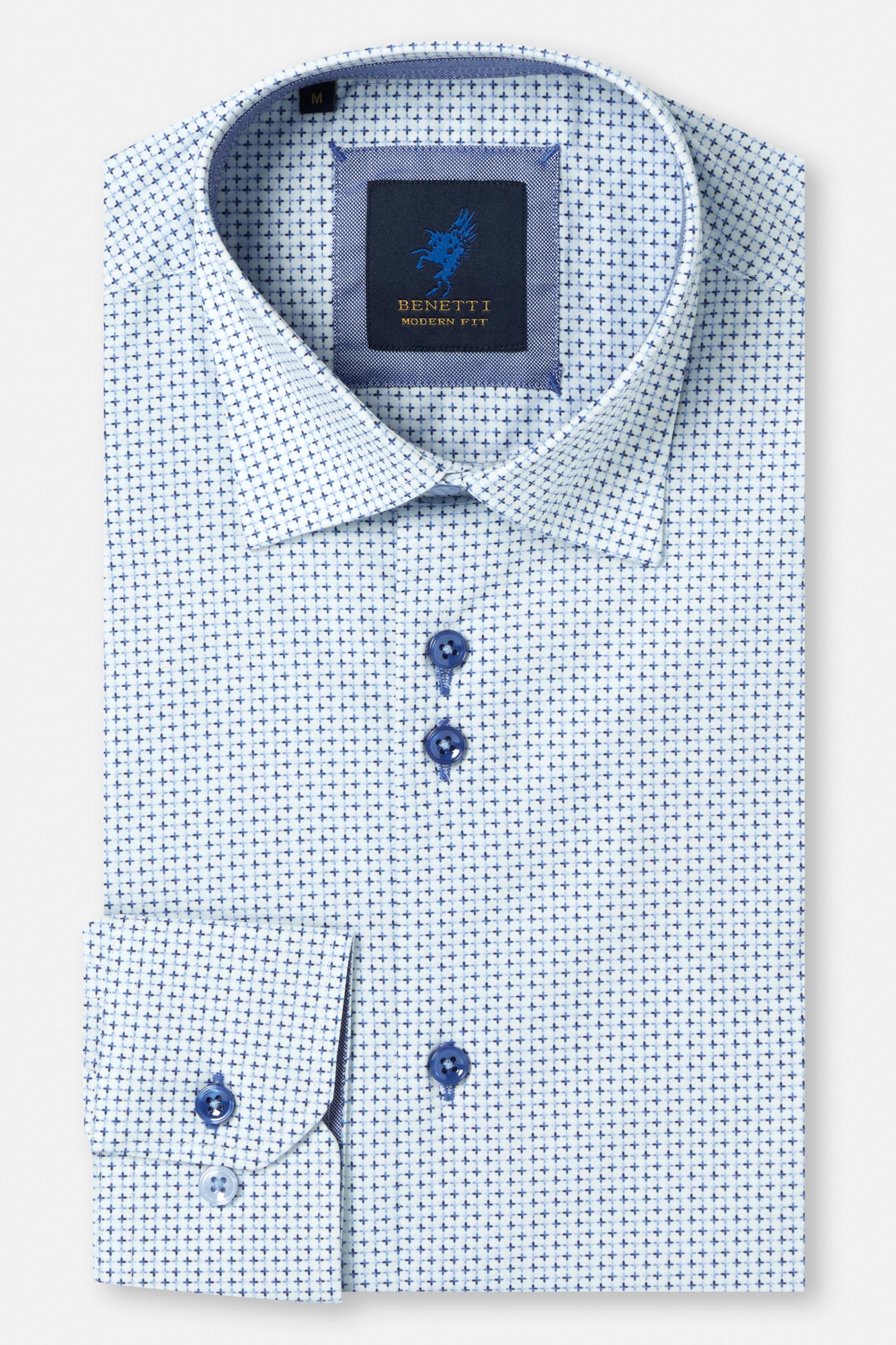 Blue patterned shirt with a brand label on a white background