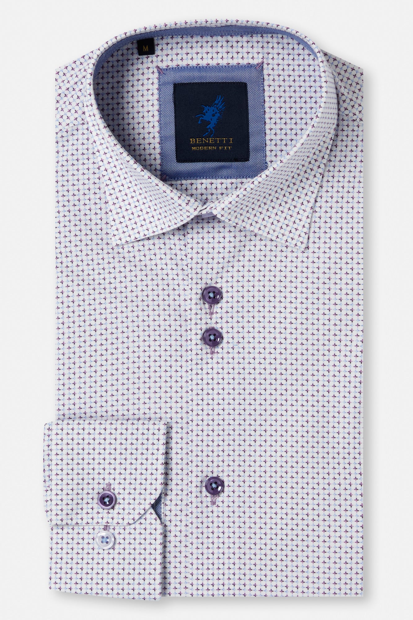 Patterned dress shirt with a collar patch on a white background