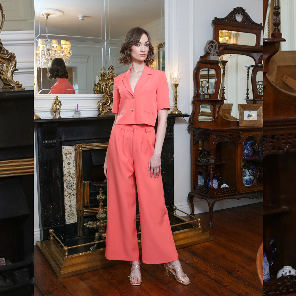 Second model view of coral co-ord trousers