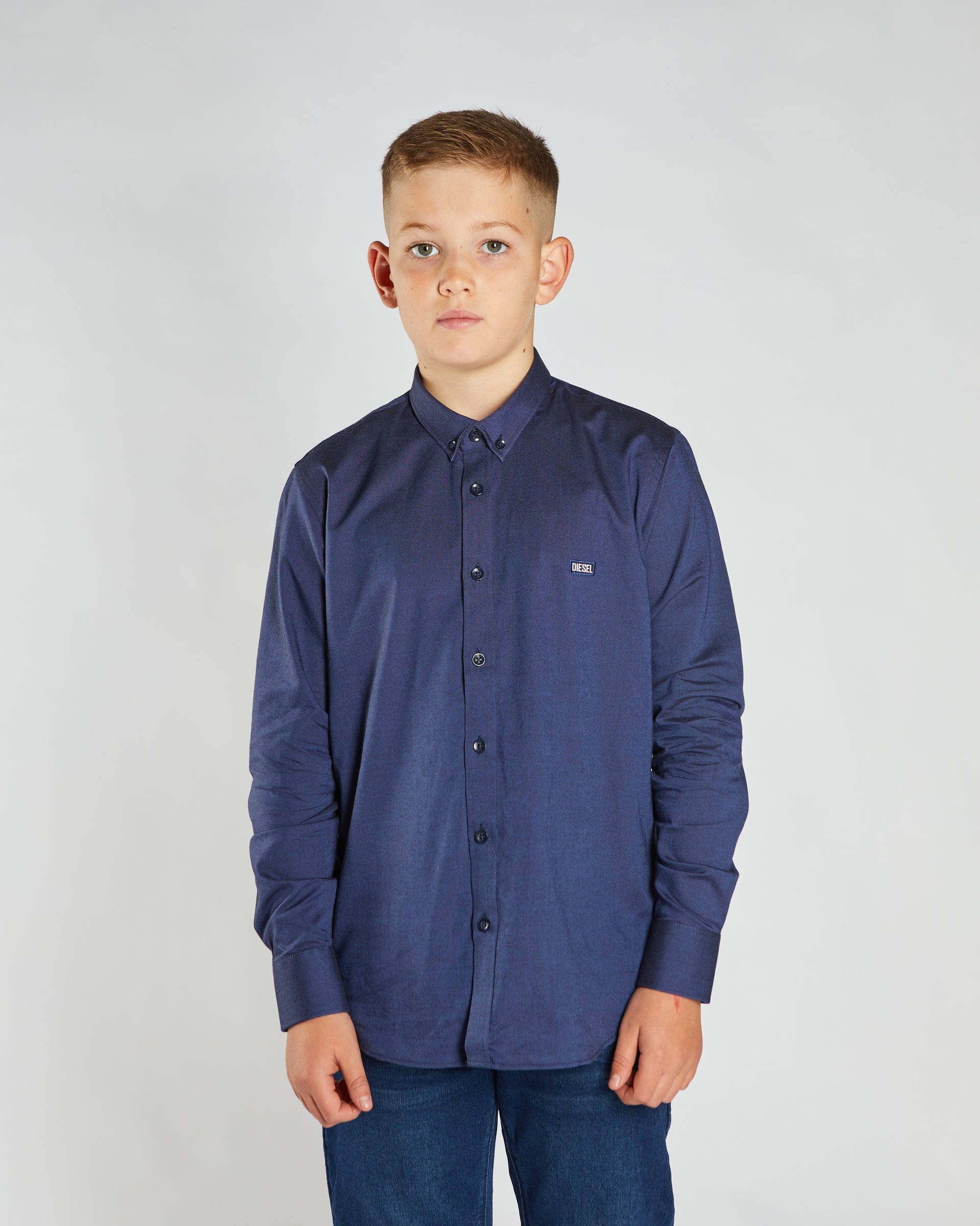 Boys Lloyd Oxford Navy Shirt-Model Front View