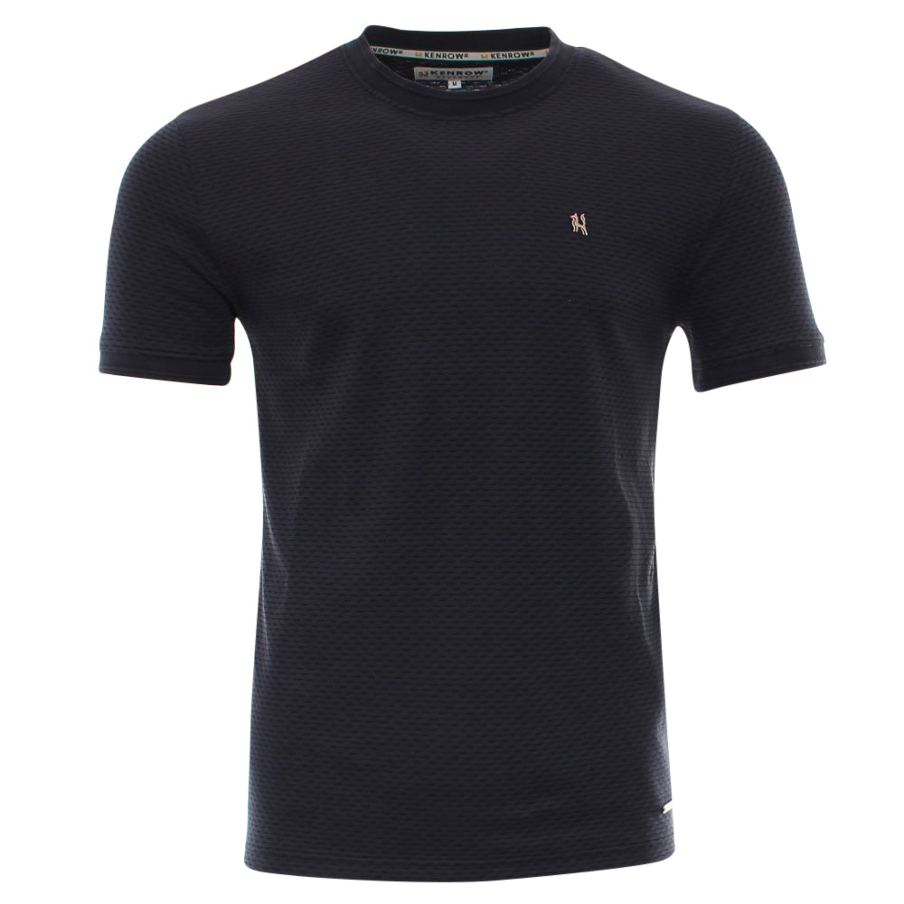 Navy blue textured t-shirt with a small logo on a white background