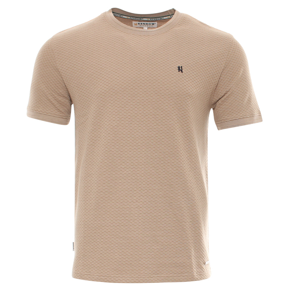 Beige t-shirt with a small logo on a white background