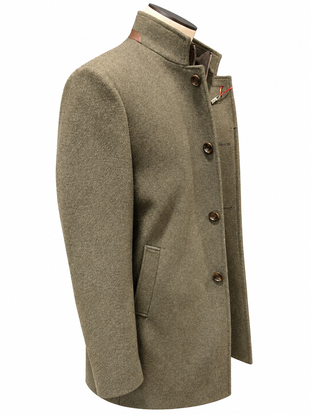 An olive green wool coat with a high stand collar and dark buttons, displayed on a mannequin torso against a white background.